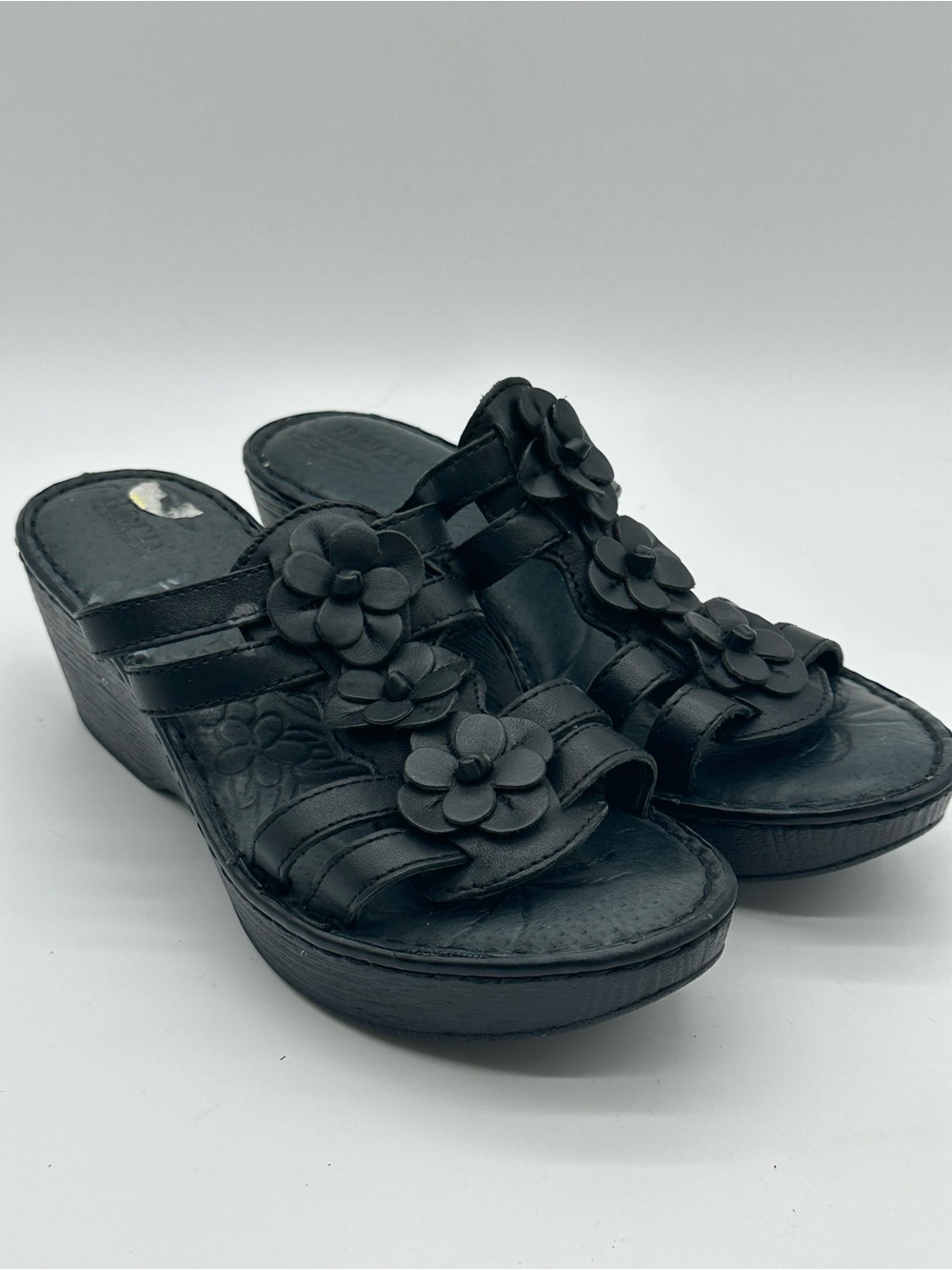 Born Black Floral Leather Wedge Slide Sandals